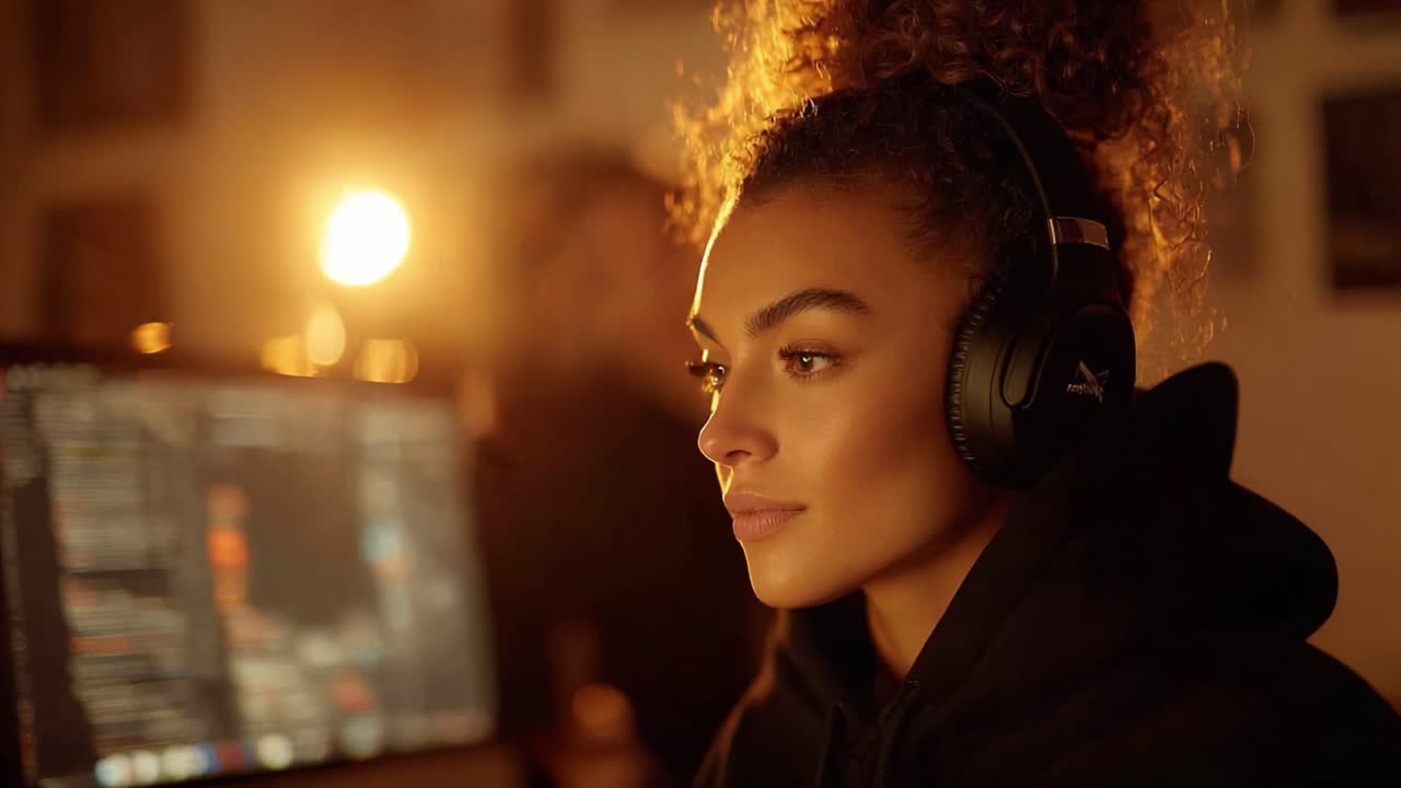 Focused Intensity: A Young Woman Engrossed in Digital Creation with Headphones On in a Softly Lit Environment, Captured in a Moment of Inspiration and Concentration