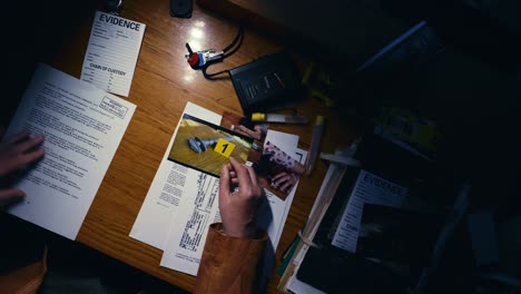Crime Detective examines photo evidence in late night investigation TOP DOWN