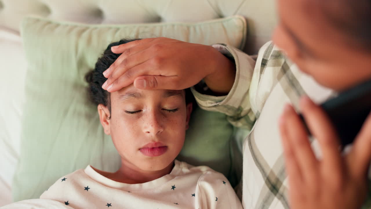 Sick girl, fever and phone call with mom talking