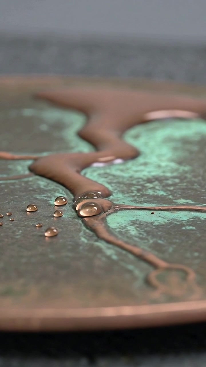 Vertical video: Gravity pulling liquid ribbon and droplets along green-blue patina plate in studio