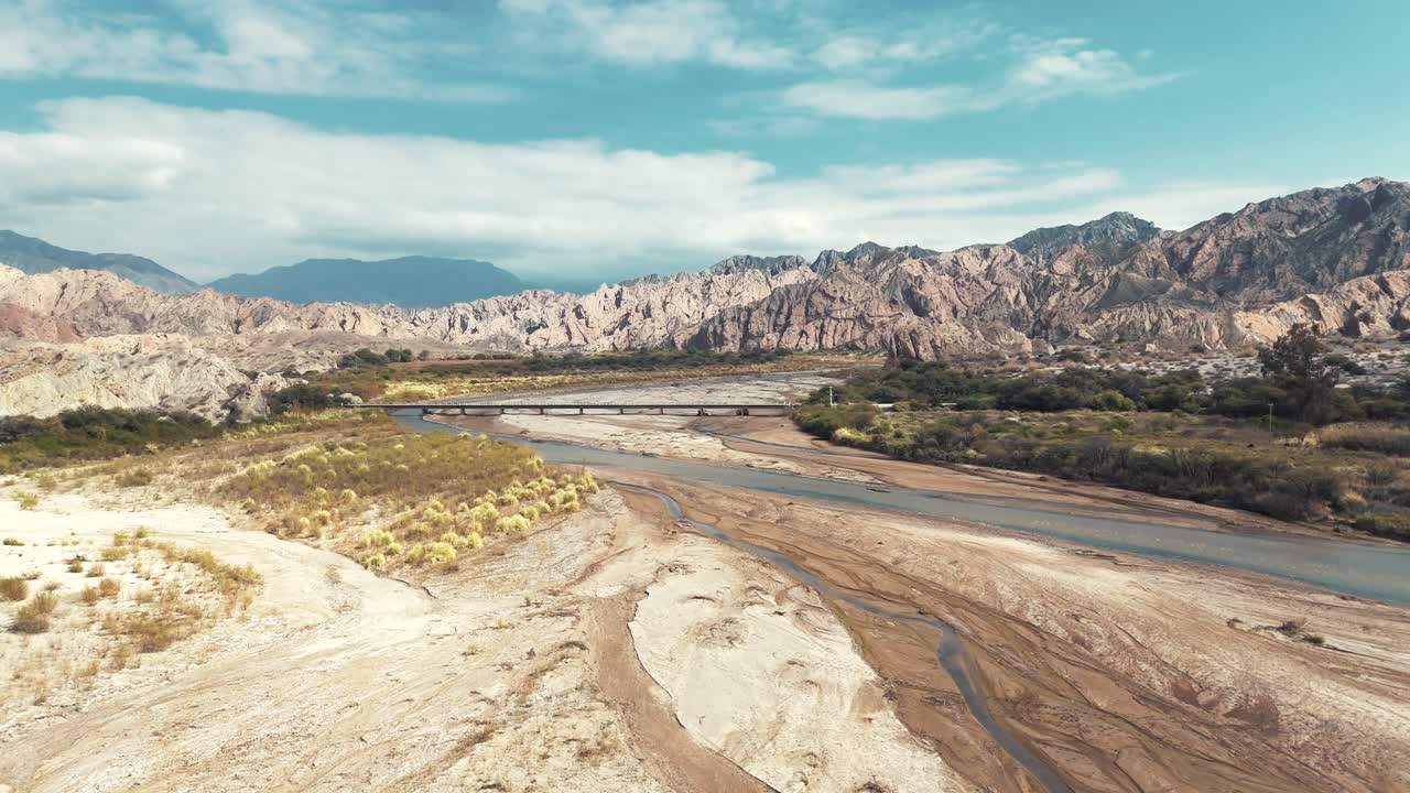 Aerial view of the bridge over Route 40 and the Cachalqui River in the Quebrada de las Flechas, Salta province, Argentina.