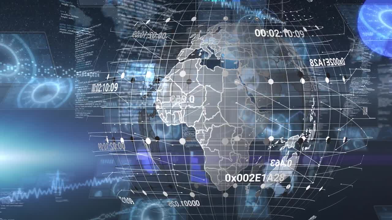 Animation of data processing and globe over blue background