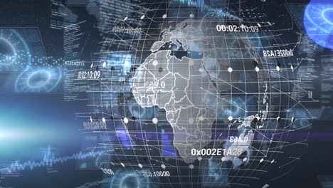 animation of data processing and globe over blue background