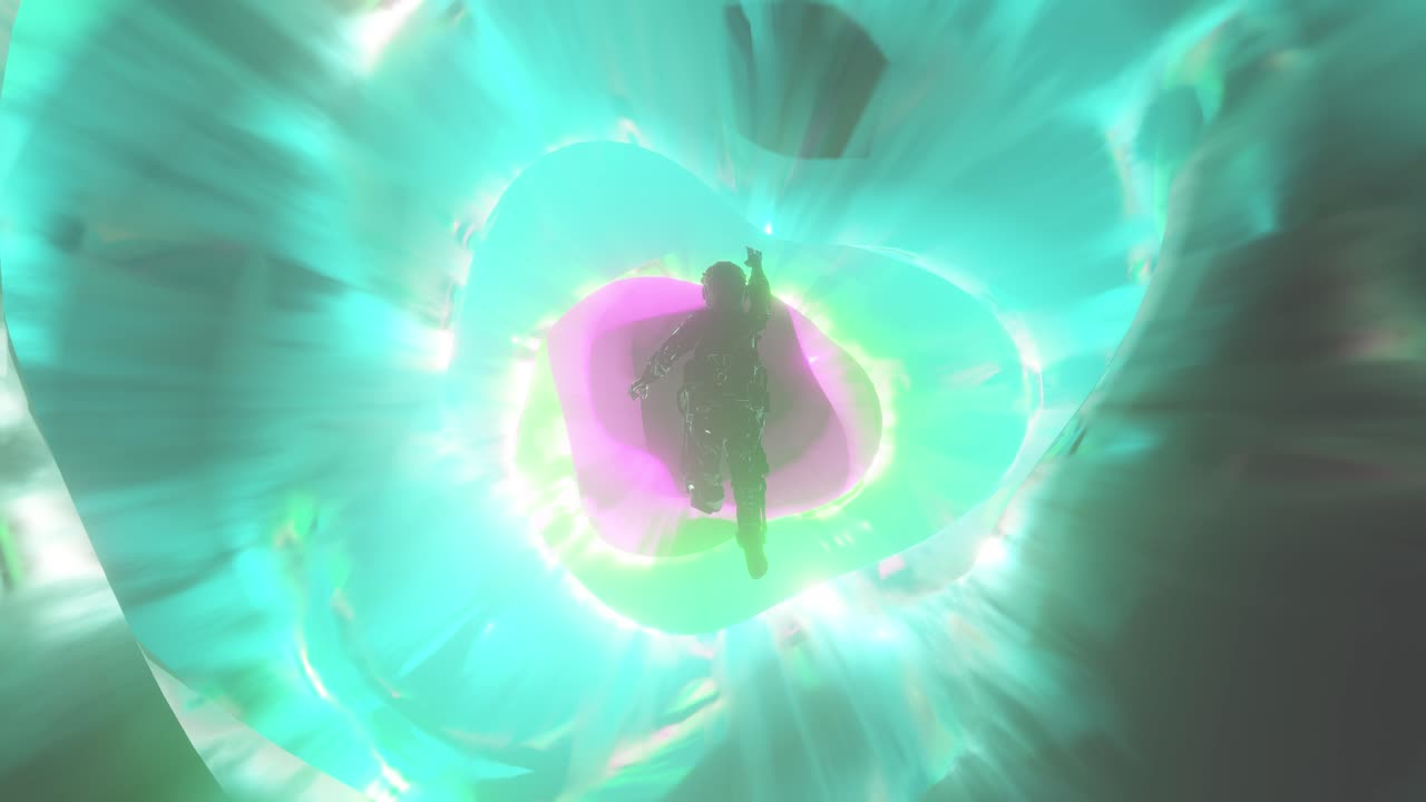 Unrecognizable person falling into multicolored interdimensional tunnel. 3d infinite loop
