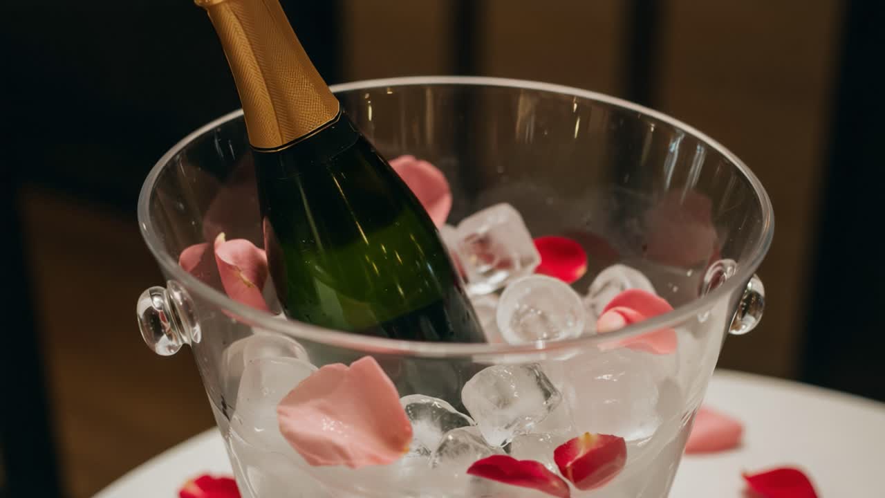 Elegant Champagne Presentation in Ice Bucket Surrounded by Rose Petals: A Perfect Romantic Scene for Celebrations, Special Occasions, or Intimate Gatherings