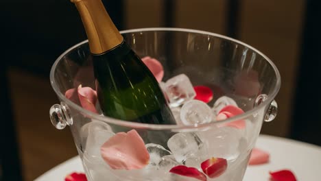 elegant champagne presentation in ice bucket surrounded by rose petals: a perfect romantic scene for celebrations, special occasions, or intimate gatherings