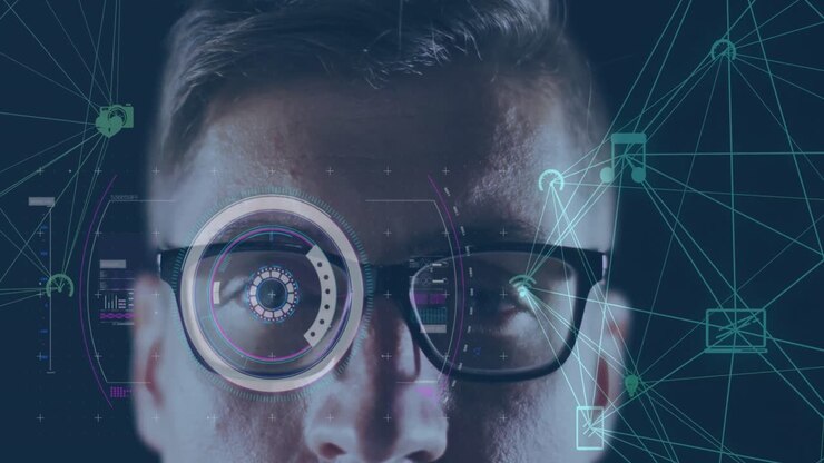 Animation of network of connections and scope scanning over caucasian man