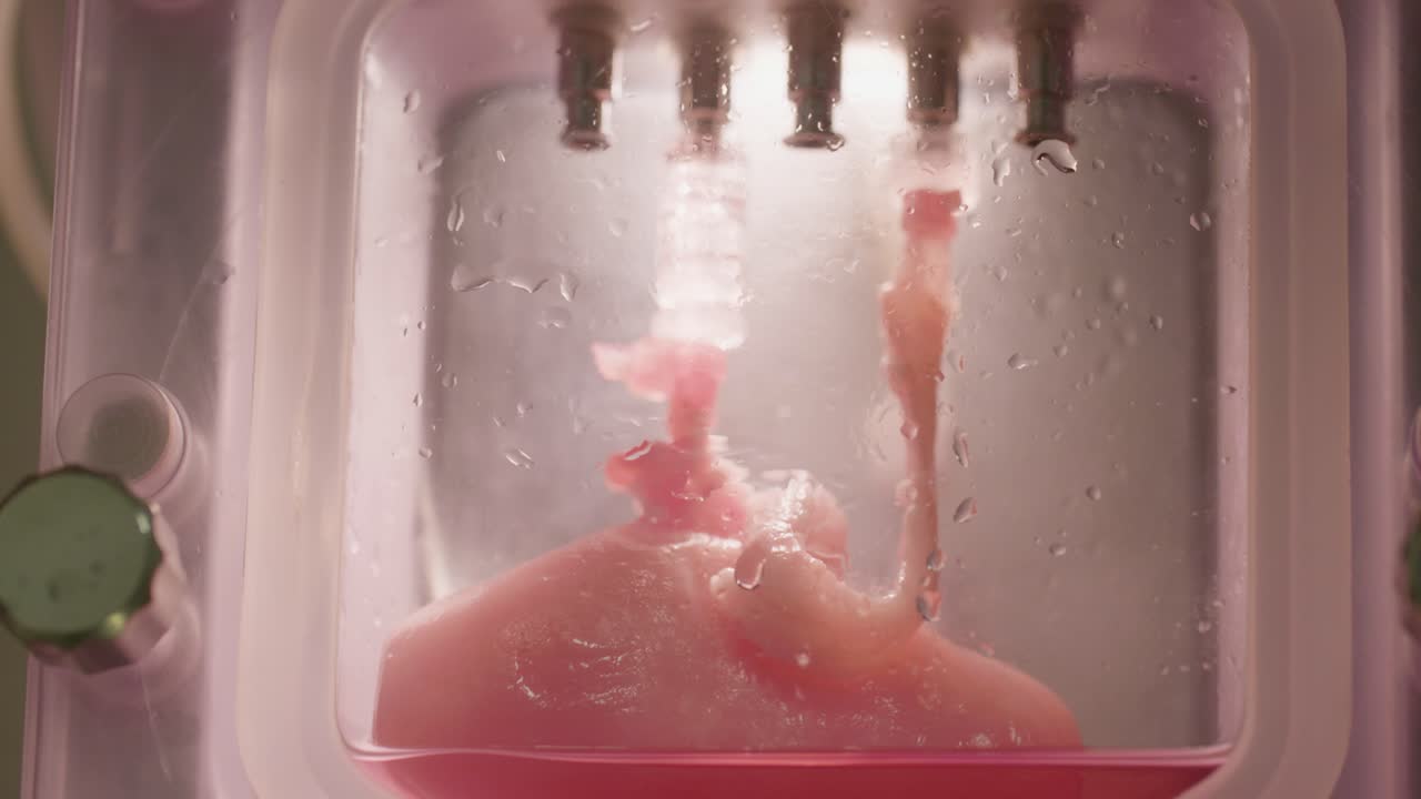 Close-up of an organ-on-a-chip style bioreactor containing a biological tissue sample immersed in red nutrient fluid. Ideal for biotechnology, medical research, and advanced laboratory concepts