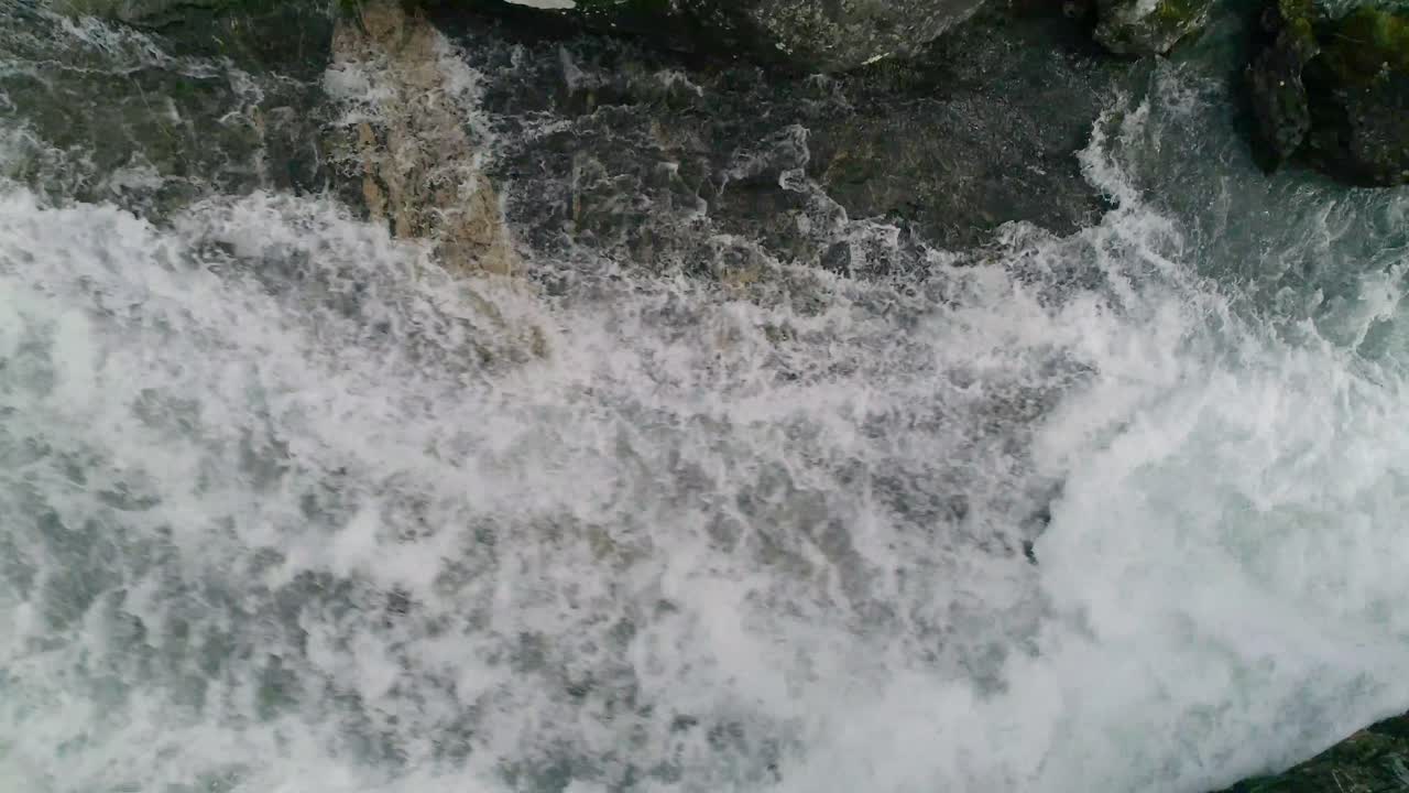 Aerial Flyover of Ovstefoss Waterfalls Rapids in Slow Motion