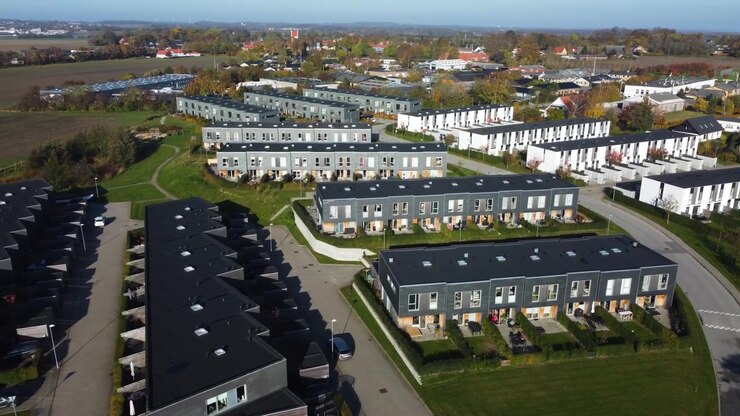 Moderne Wohnsiedlung mit Reihenhäusern in Gammel Ega bei Aarhus, Dänemark, aus der Luft