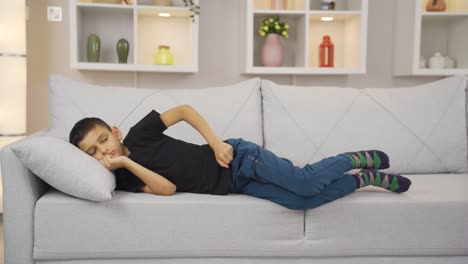 happy boy stretching on the sofa.