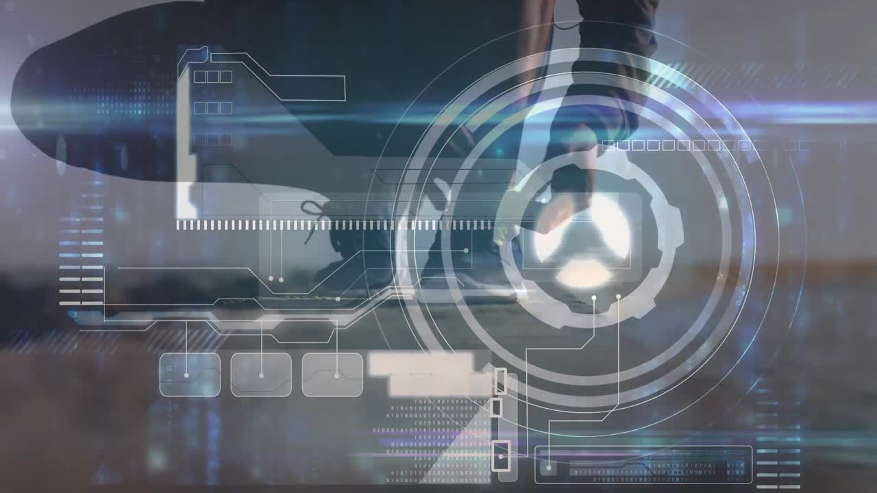 animación del procesamiento de datos y el escaneo del alcance sobre el hombre apto corriendo