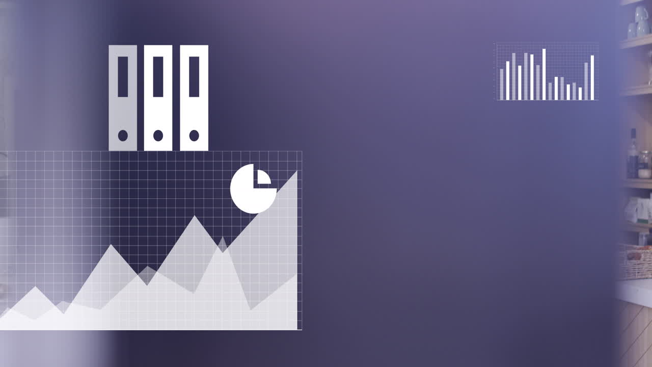 animación de iconos y procesamiento de datos sobre diversas personas bebiendo café en una cafetería.