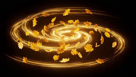 a whirlwind of golden leaves swirling in a cosmic dance, capturing the beauty of nature's transition with a magical glow against a dark background