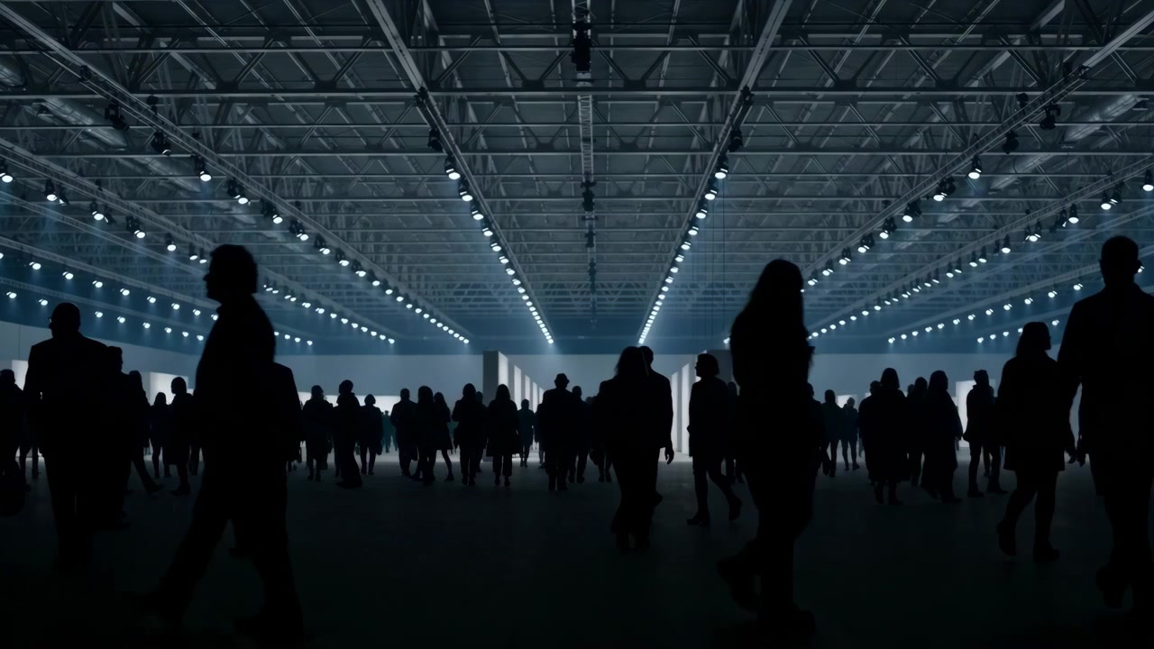 Wide interior scene showing silhouetted groups walking and standing beneath bright overhead spotlights inside industrial exhibition hall, with metal truss ceiling, converging lines, cool atmosphere
