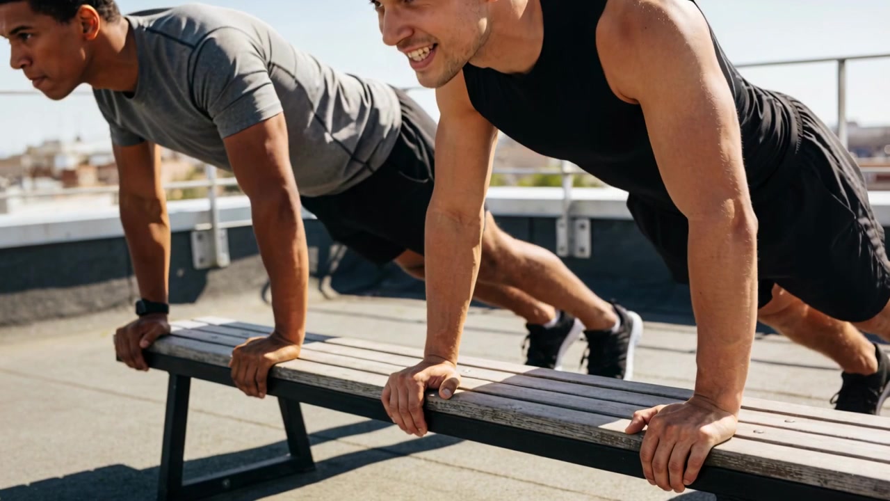 Doing two men in sportswear placing hands, lowering, holding, pressing on rooftop bench to train
