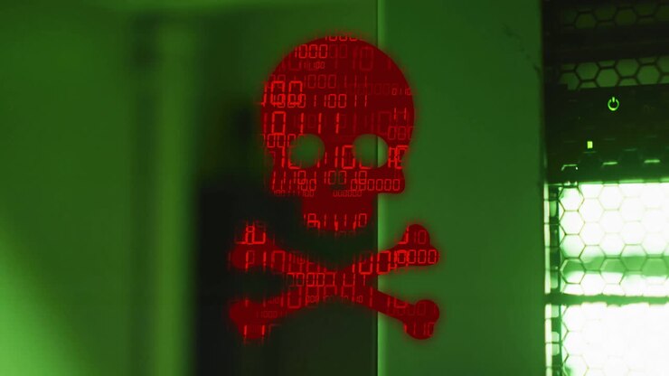 Animation of binary coding and data processing over skull and bones by computer servers