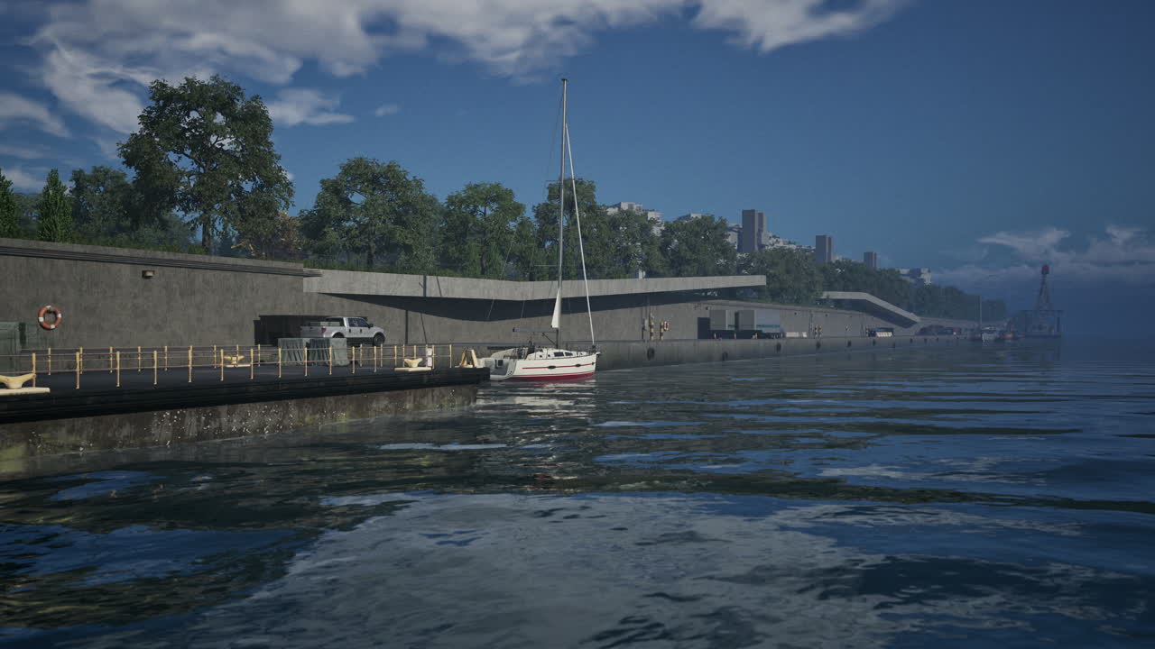 배경 에 도시 의 스카이 라인 이 있는 마리나 에 정박 한 선박