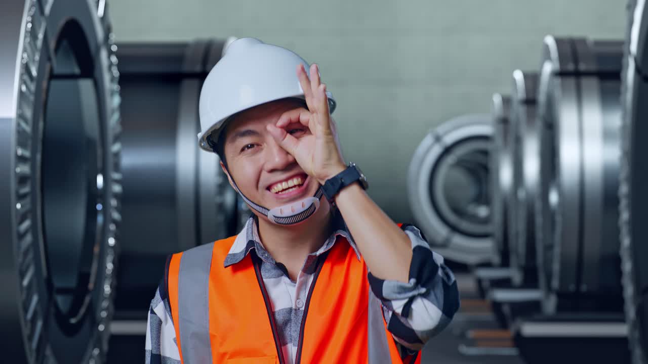 안전 헬을 입은 아시아 남성 엔지니어의 클로즈업은 금속 공장에서 서있는 동안 눈 위에 손 표지판을 보여주고 카메라에 미소 짓고 있습니다.