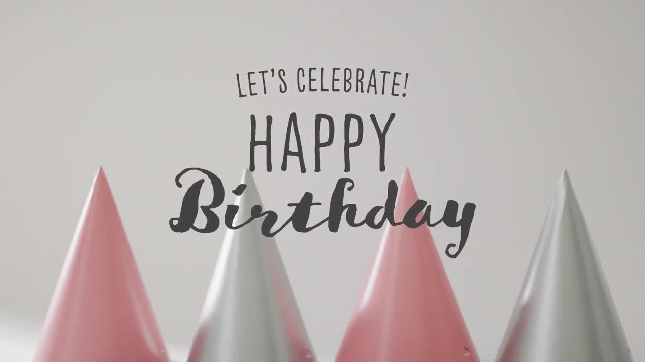 배경에 파티 모자 위에 생일 축하 텍스트의 애니메이션