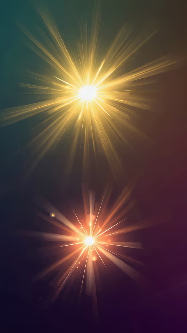 Vertical video: Pulsing gold red bursts on start, rays growing, glowing on teal with lens orbs