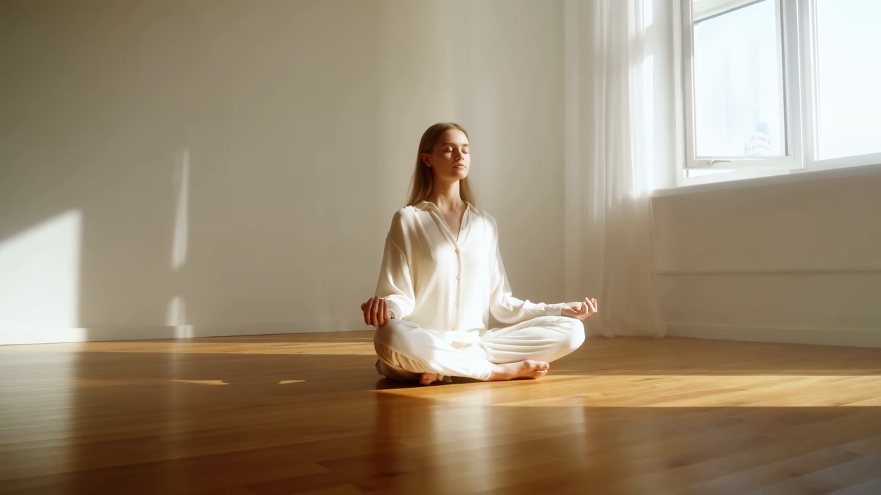 Sunlit Room White Woman Meditating In Lotus Pose, Soft Morning Light Warming Wooden Floor, Serene Minimalist