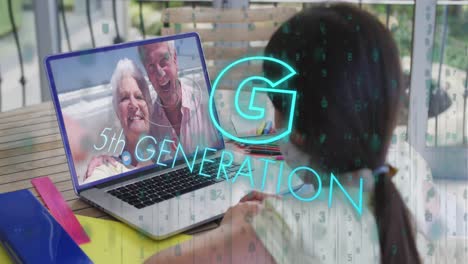 animation of 5g 5th generation text over girl in face mask using laptop on video call in background