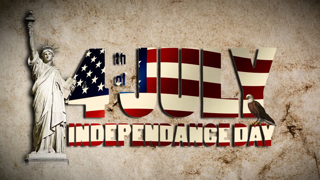 미국 국기 문자를 흔들며 - 7월 4일 독립기념일 - 빈티지, 그런지, 오래된 종이 배경에 자유의 여신상과 독수리가 편지에 앉아 있습니다.