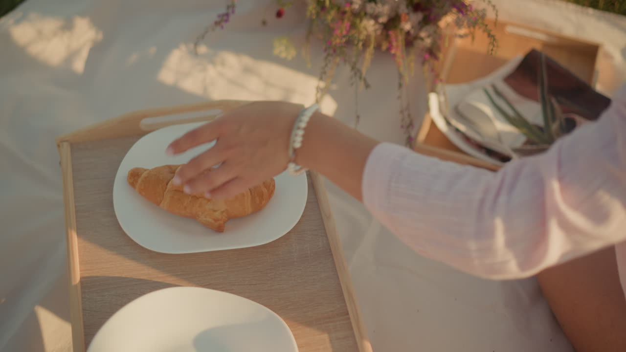 야외에서 피크닉 매트에 앉아있는 태양 모자를 입은 여인, 피크닉 테이블에 접시에 놓기 위해 종이 봉투에서 간식을 가져오고, 근처에 인 바구니에 꽃, 따뜻한 빛 배경
