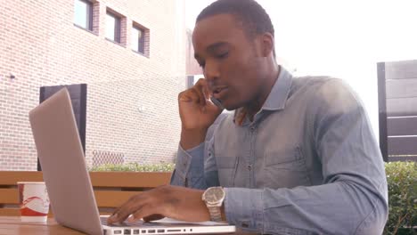 handsome man using laptop and having phone call