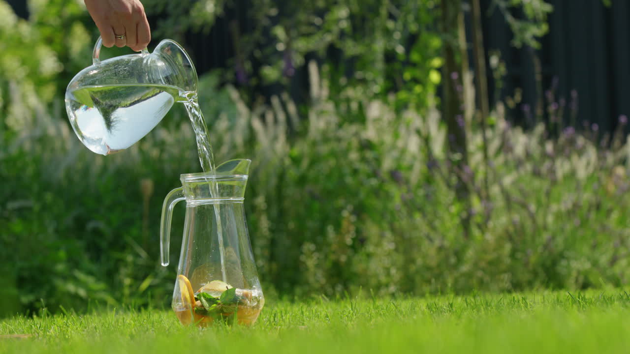 정원 에서 물 을 잔 에 부어 넣는 것