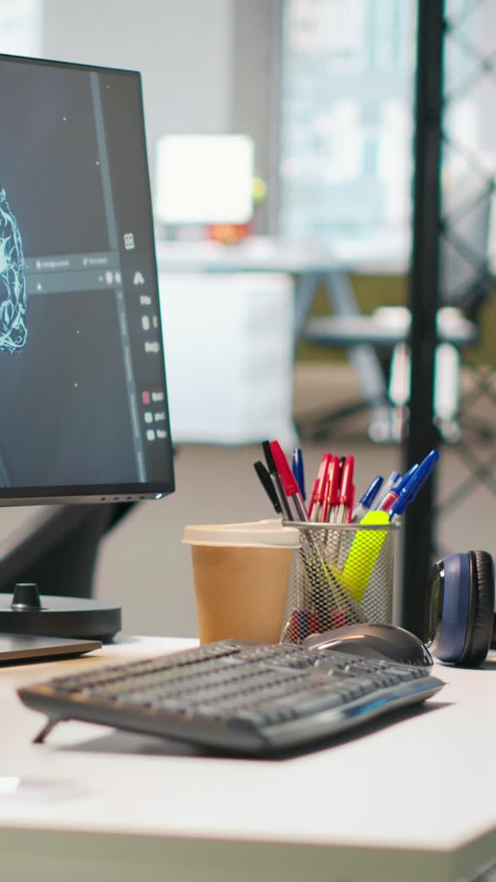 Vertical video PC in startup office used to design and implement deep learning algorithms