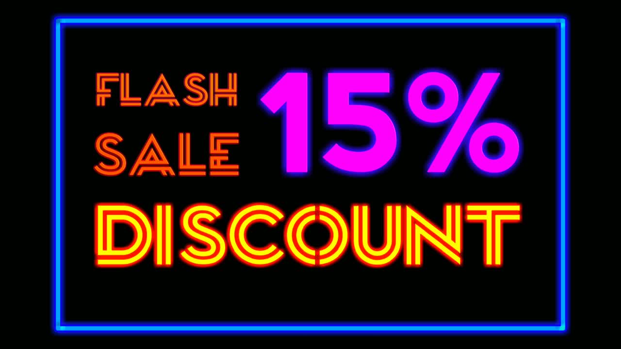Testo luminoso al neon 'vendita flash sconto 15 percento' su sfondo nero, black friday, grande evento di saldi per negozi, vendita al dettaglio, resort, bar, concetto di promozione aziendale