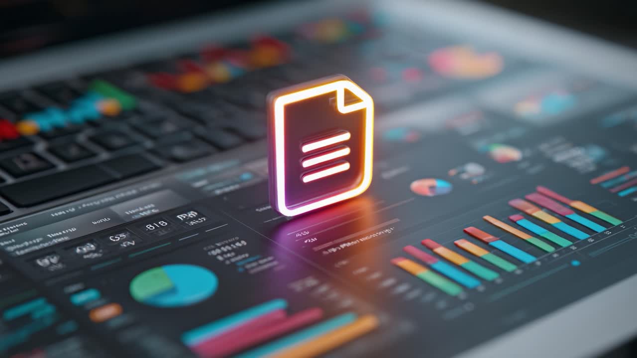 Dynamic Visualization of Data Insights Featuring a Neon Document Icon Overlaid on an Engaging Dashboard Filled with Colorful Charts and Graphs