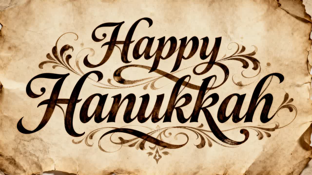 Starting when white flash appearing, Happy Hanukkah calligraphy soaking blue paint across parchment