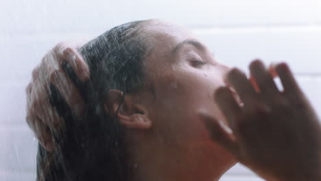 attractive woman taking shower touching wet skin enjoying sensual luxury spa cleansing smooth complexion