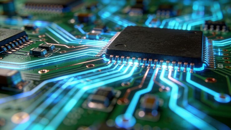 Pulsing cyan-blue traces lighting-triggered traveling toward black IC on PCB in lab, shifting focus
