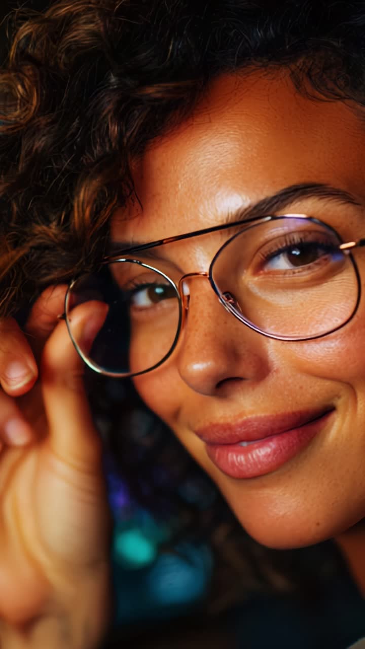 Captivating Smiles: A Close-Up of a Woman with Curly Hair Wearing Glasses, Radiating Confidence and Charm, Set Against a Colorful Background