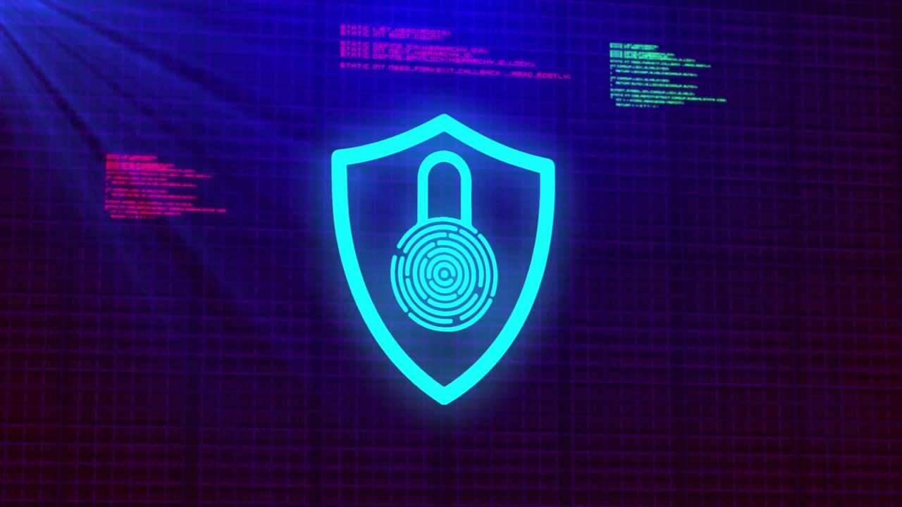 Grey ring sweeping clockwise scanning fingerprint padlock in shield showing red green security code