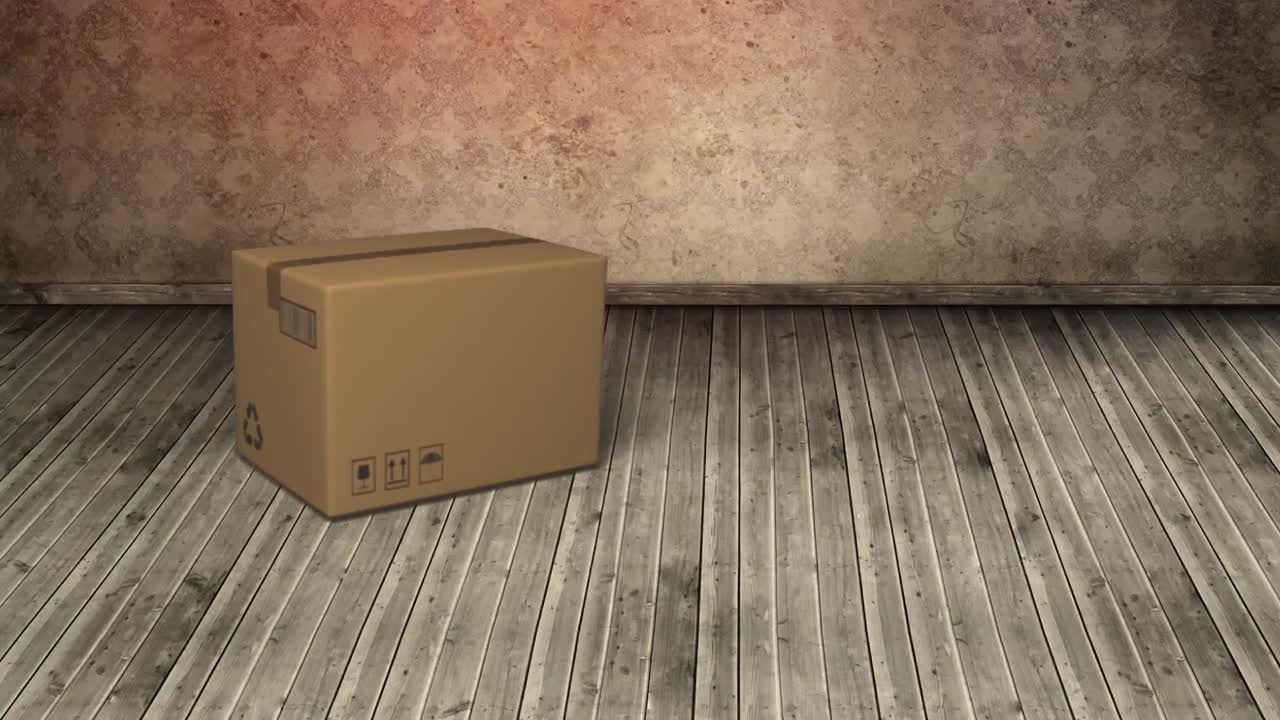 анимация картонной коробки, падающей и светящейся синей модели грузовика на деревянном полу
