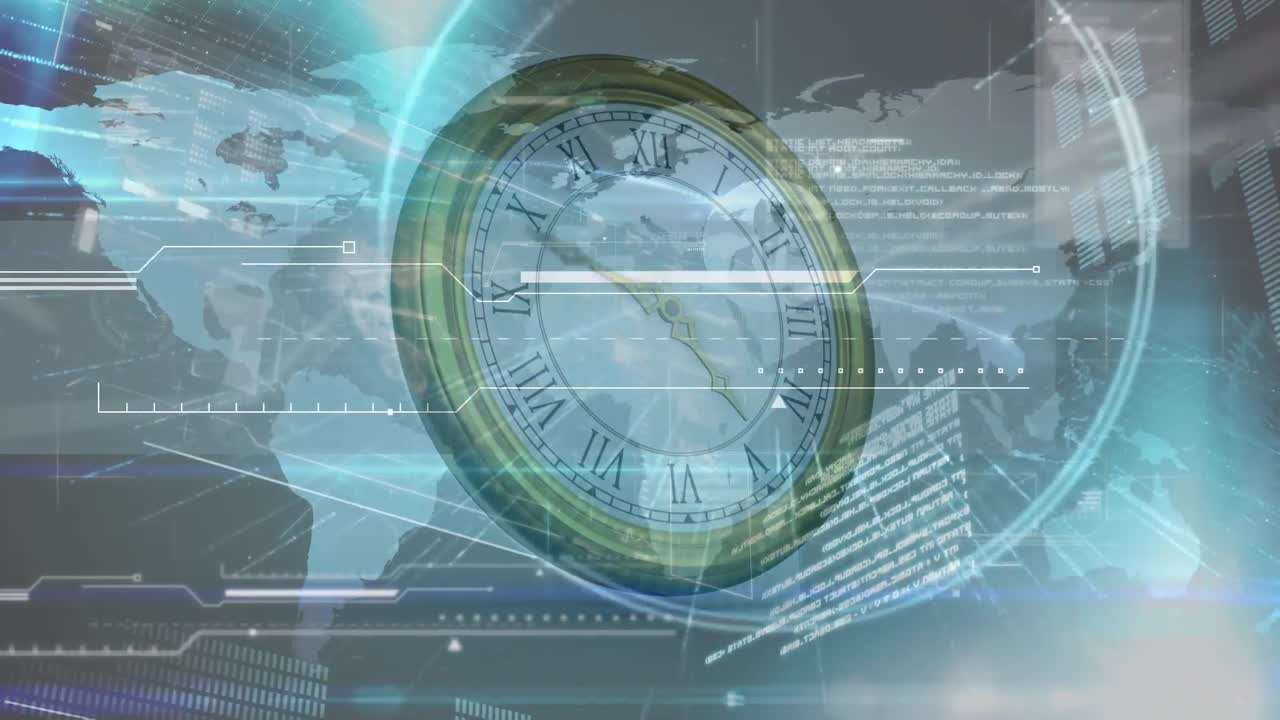 animación de un reloj moviéndose sobre el procesamiento de datos y el mapa del mundo