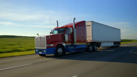 red and blue semi-truck driving on a highway