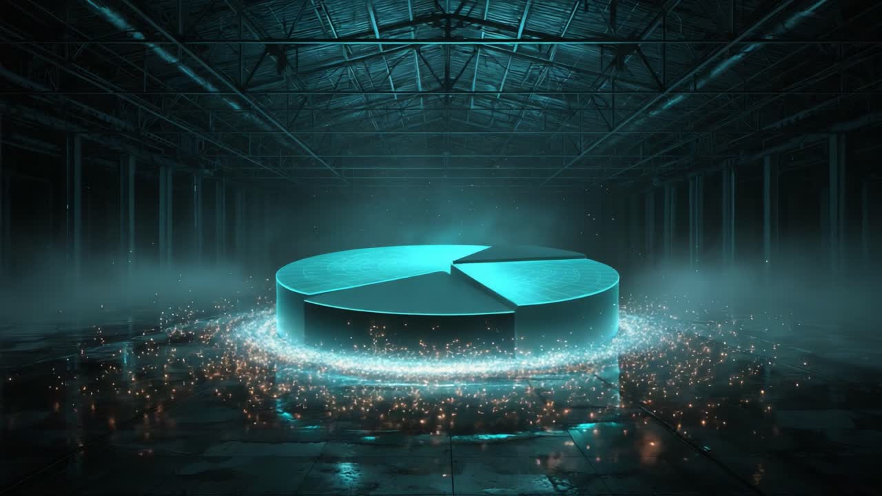 Futuristic three dimensional pie chart infographic rotating and glowing with a turquoise light in a dark, atmospheric industrial warehouse surrounded by glowing particles and a smoky ambiance