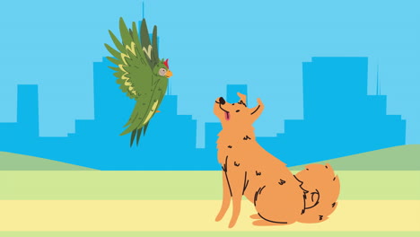 un lindo perro y un loro en el parque