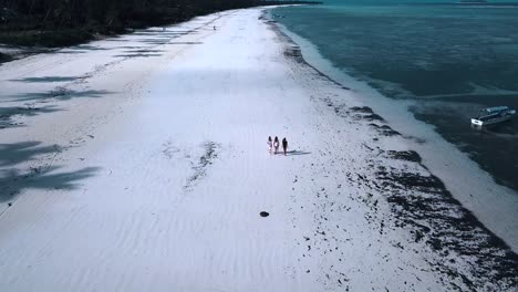 1-Millón-De-$-Vuelo-Aéreo-Volar-Hacia-Atrás-Drone-Disparó-Sobre-Tres-Mujeres-Jóvenes-En-Bikini-Caminar-En-Un-Paraíso-Soleado-Arena-Blanca-Playa-De-Ensueño-Zanzíbar,-áfrica-2019-Naturaleza-Salvaje-Cinematográfica-1080-Por-Philipp-Marnitz