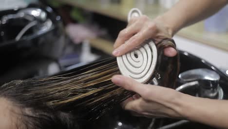 stylist combs and cleans client's hair in beauty salon