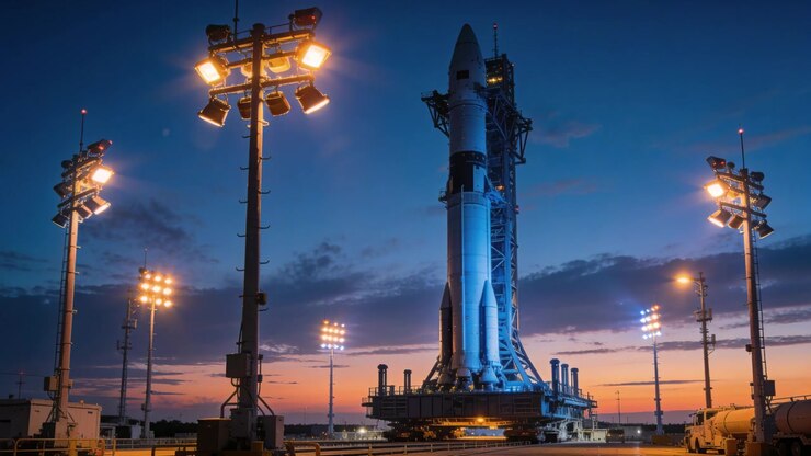 Standing tall rocket with tower on platform at coastal pad with dusk deepening, floodlights glowing