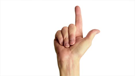 close up shot of a male hand pointing upwards, against a plain white background