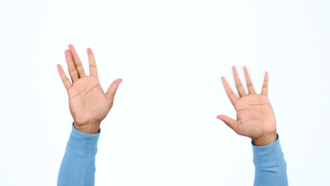 hello, hands and person in studio with greeting