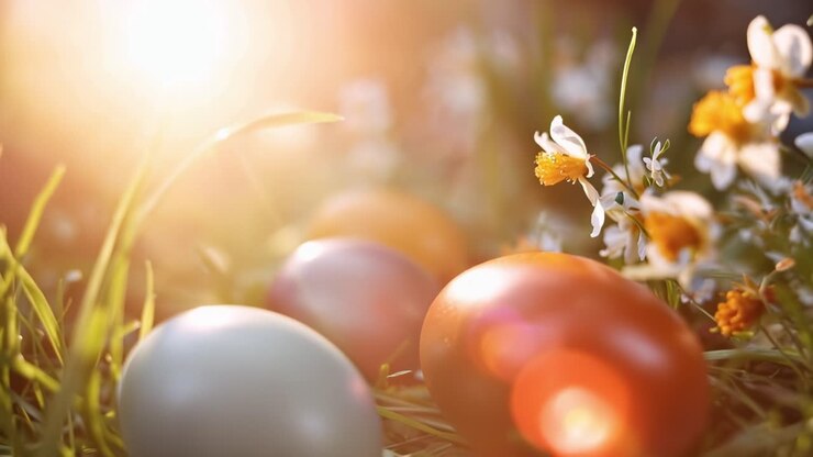 Sunlight bathes colorful eggs nestled in grass. Soft blooms frame the scene with natural grace. Gentle hues reflect spring's cheerful energy. Ideal for Easter, nature, or seasonal celebrations